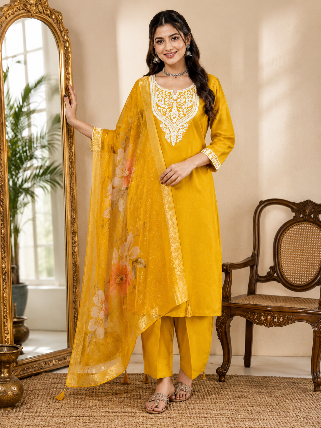 Mustard Embroidered Kurta Pant Set With Dupatta