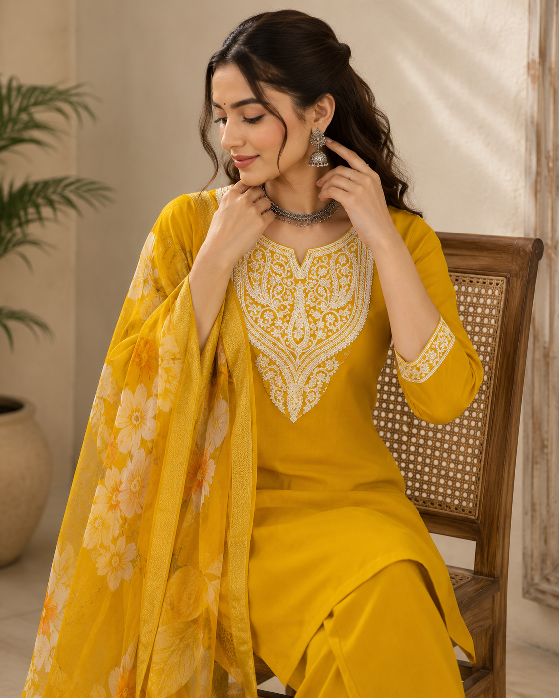 Mustard Embroidered Kurta Pant Set With Dupatta