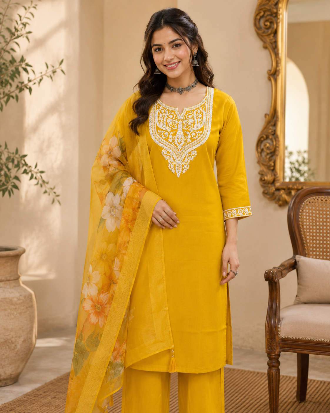Mustard Embroidered Kurta Pant Set With Dupatta