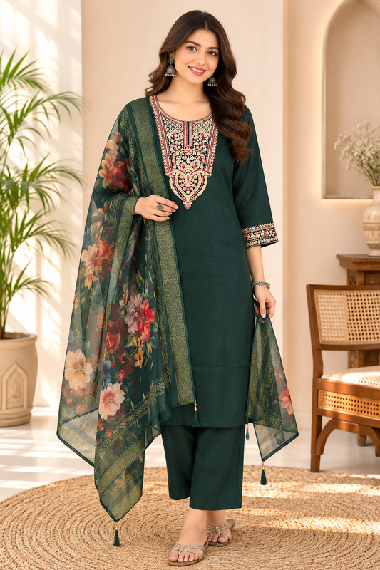 Embroidered Roman Silk Kurta Set With Dupatta
