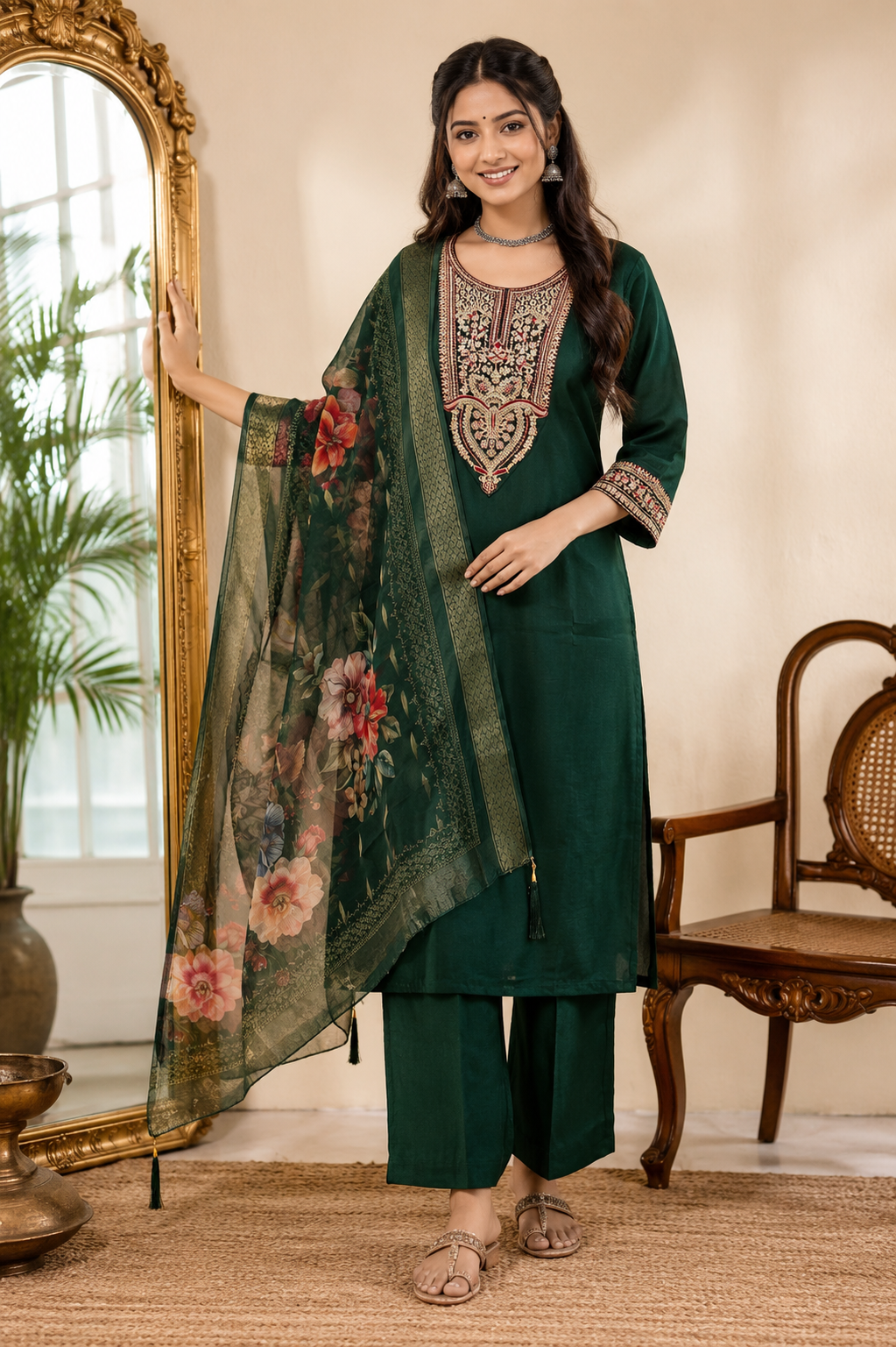 Embroidered Roman Silk Kurta Set With Dupatta