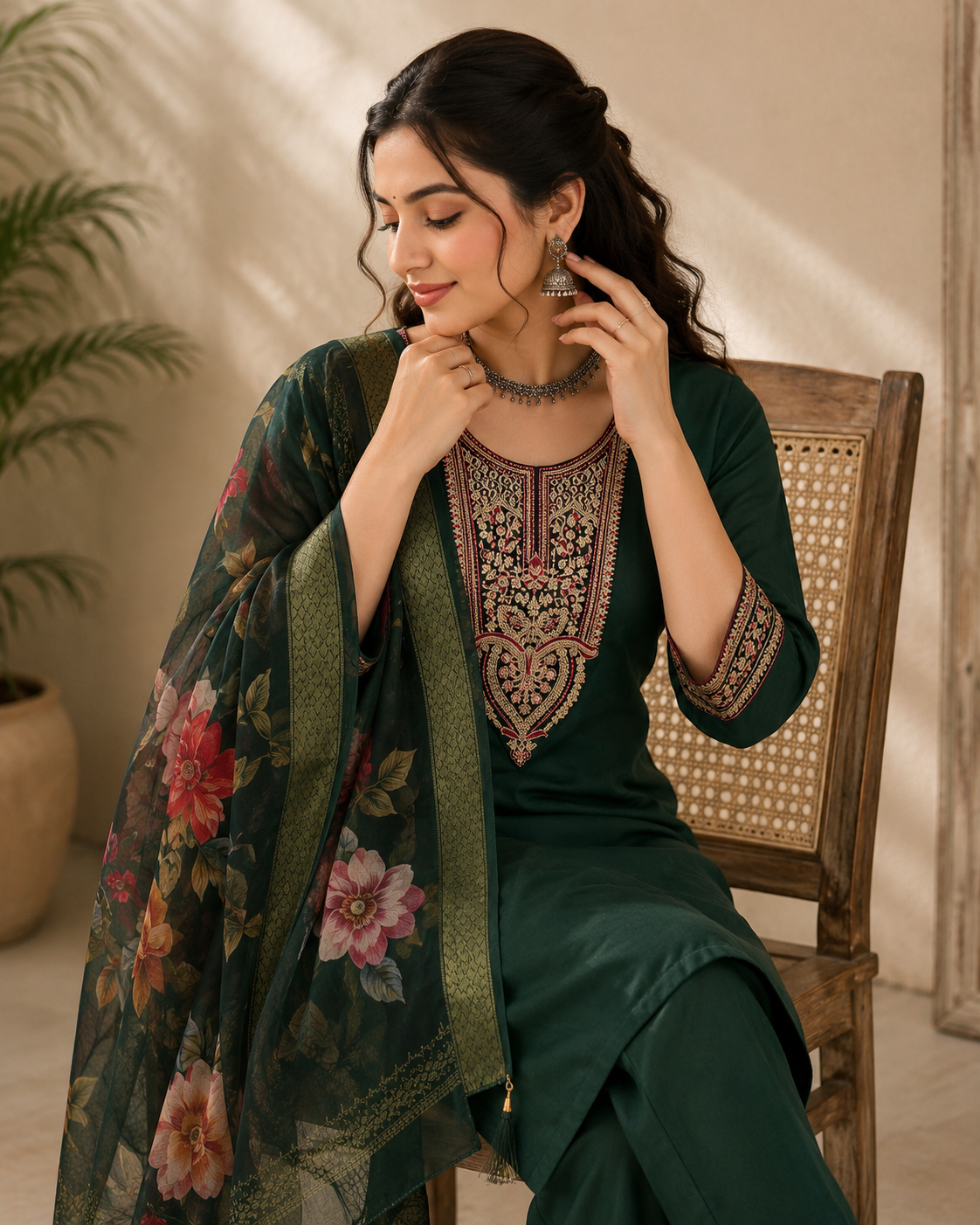 Embroidered Roman Silk Kurta Set With Dupatta