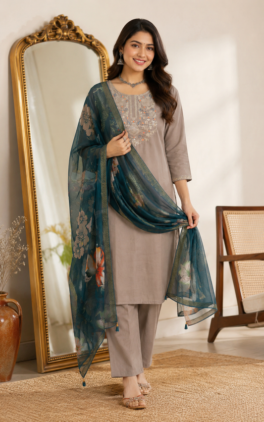 Embroidered Grey Roman Silk Suit Set With Dupatta