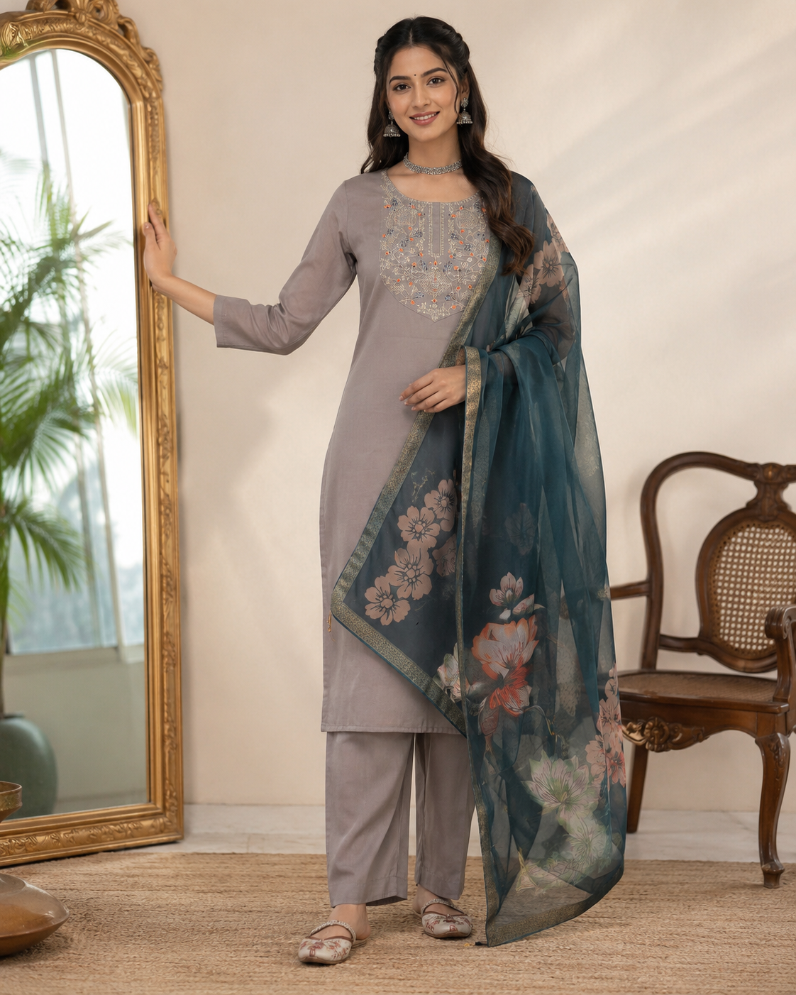 Embroidered Grey Roman Silk Suit Set With Dupatta