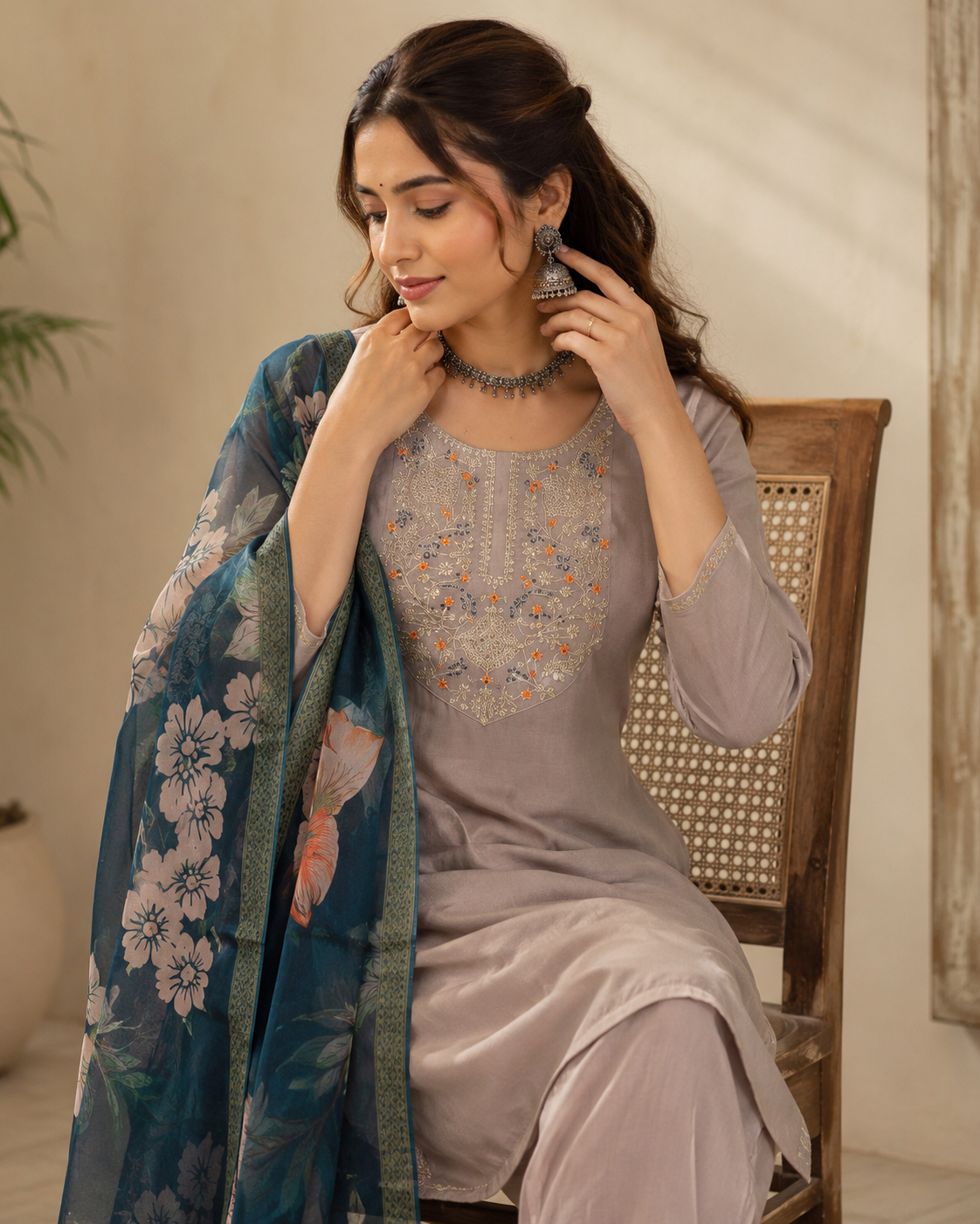 Embroidered Grey Roman Silk Suit Set With Dupatta