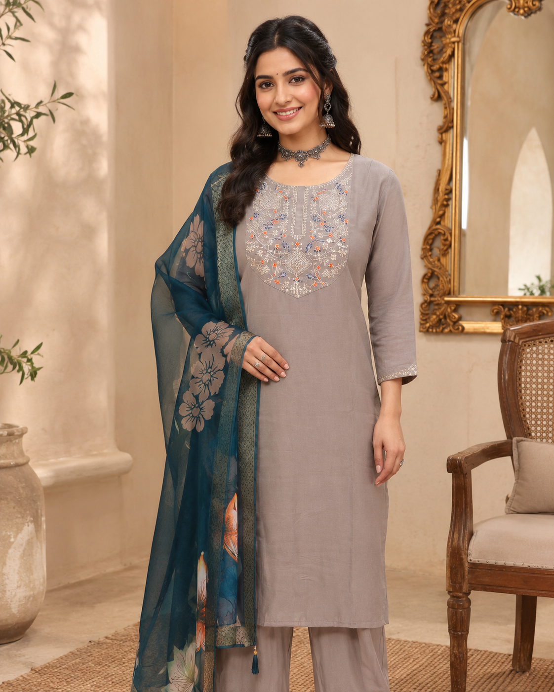 Embroidered Grey Roman Silk Suit Set With Dupatta