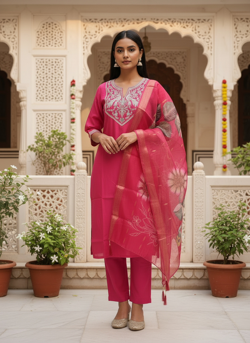 Pink Embroidered Silk Kurta Set With Dupatta