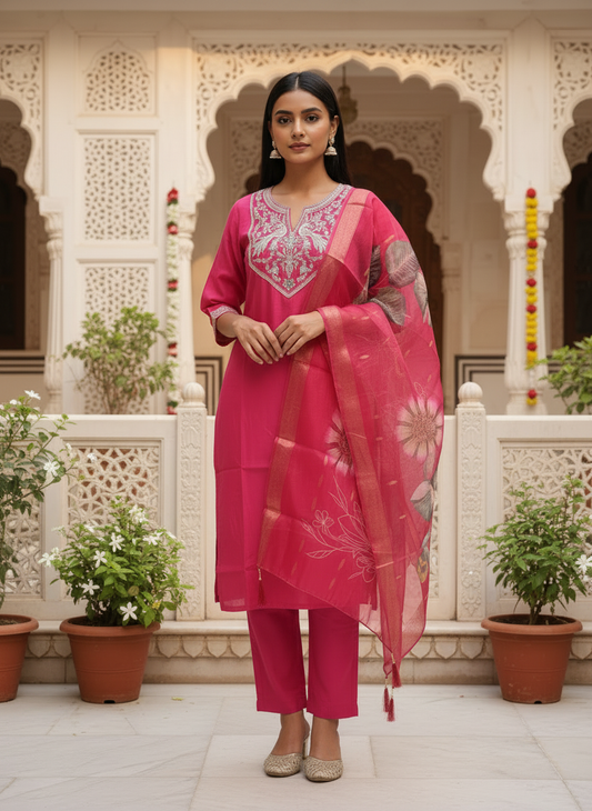 Pink Embroidered Silk Kurta Set With Dupatta