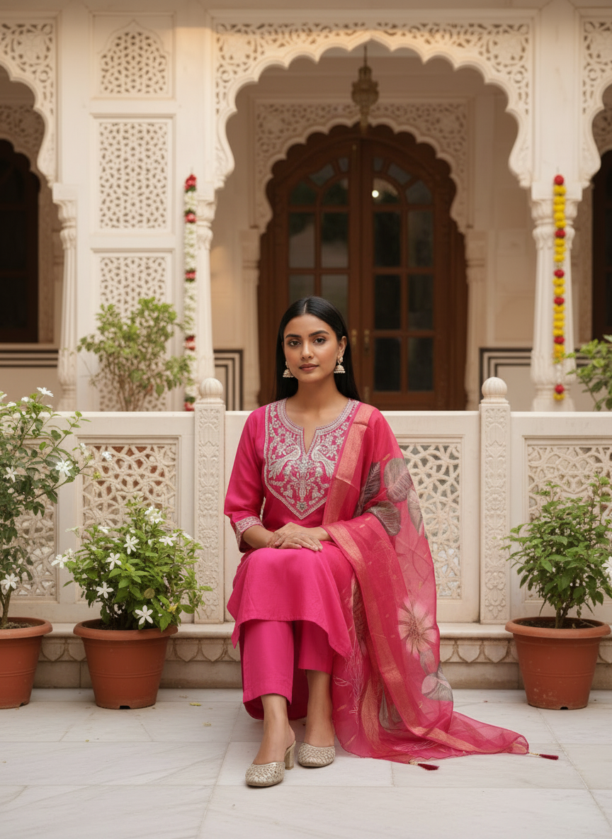 Pink Embroidered Silk Kurta Set With Dupatta