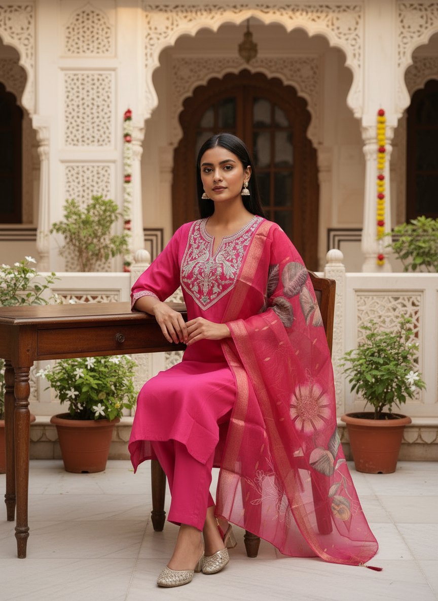 Pink Embroidered Silk Kurta Set With Dupatta