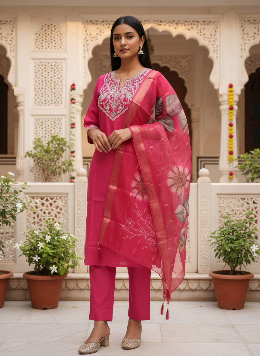 Pink Embroidered Silk Kurta Set With Dupatta