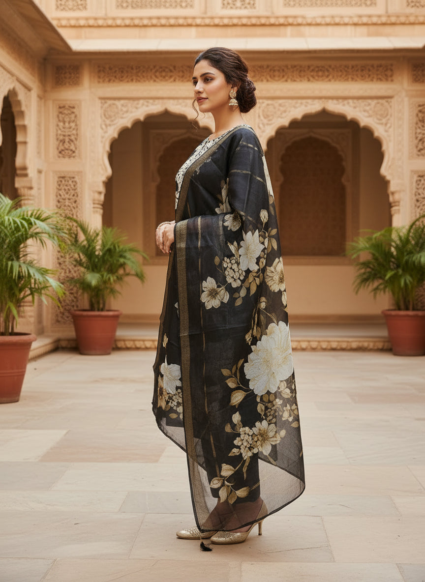 Black Embroidered Kurta Set With Dupatta