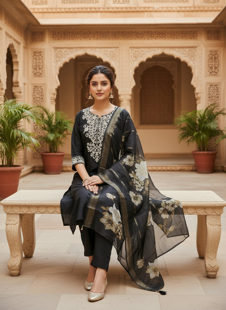 Black Embroidered Kurta Set With Dupatta