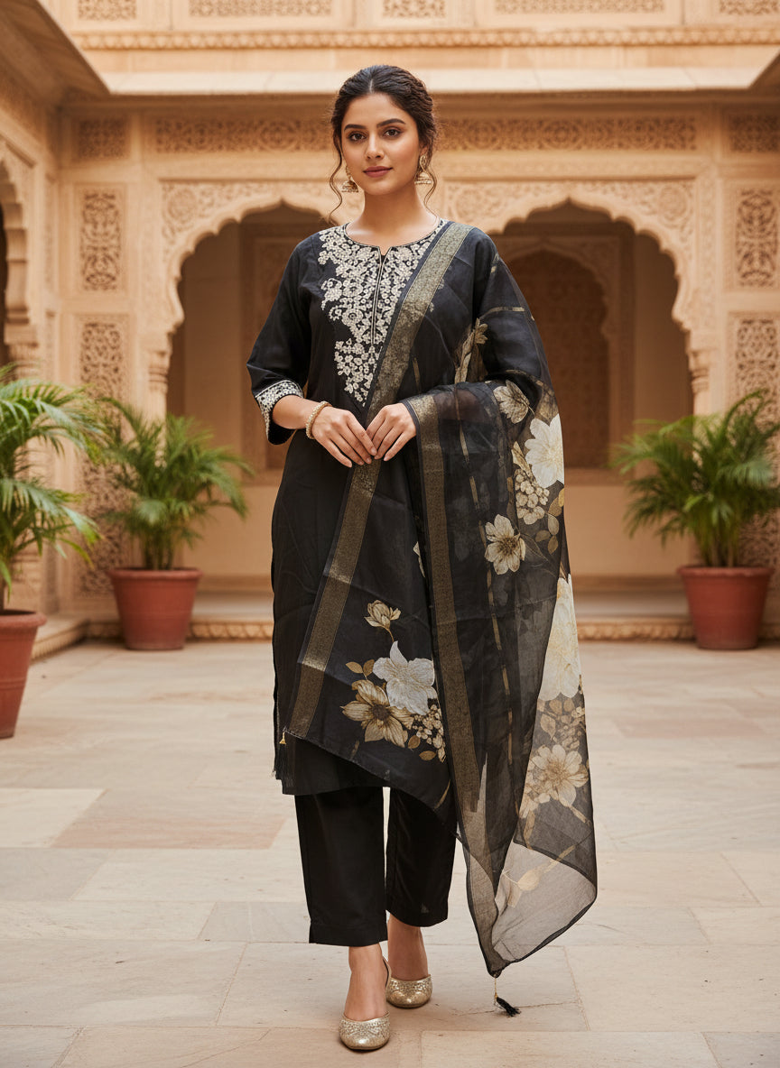 Black Embroidered Kurta Set With Dupatta