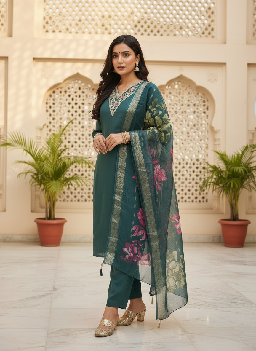 Teal Green Embroidered Kurta Set With Dupatta