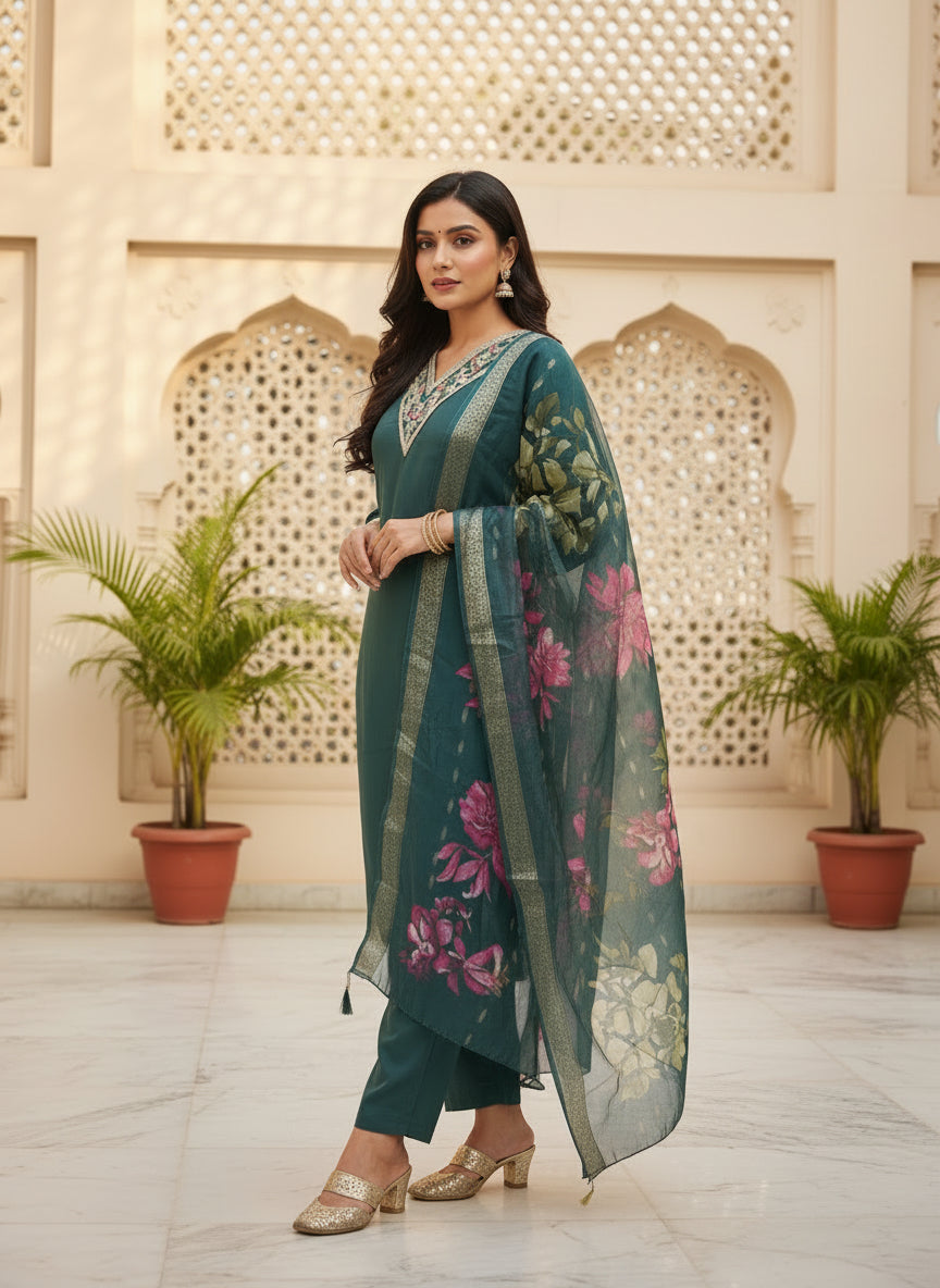 Teal Green Embroidered Kurta Set With Dupatta