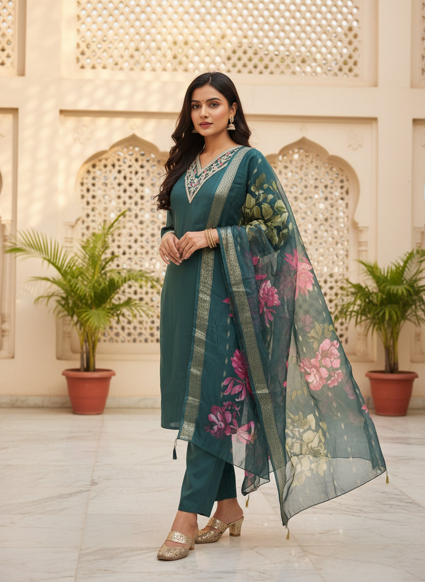 Teal Green Embroidered Kurta Set With Dupatta