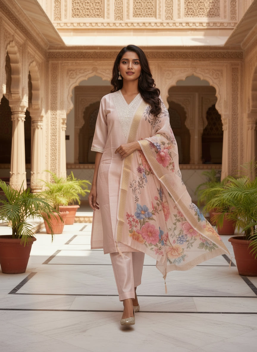 Roman Silk Floral Dupatta Set With Dupatta