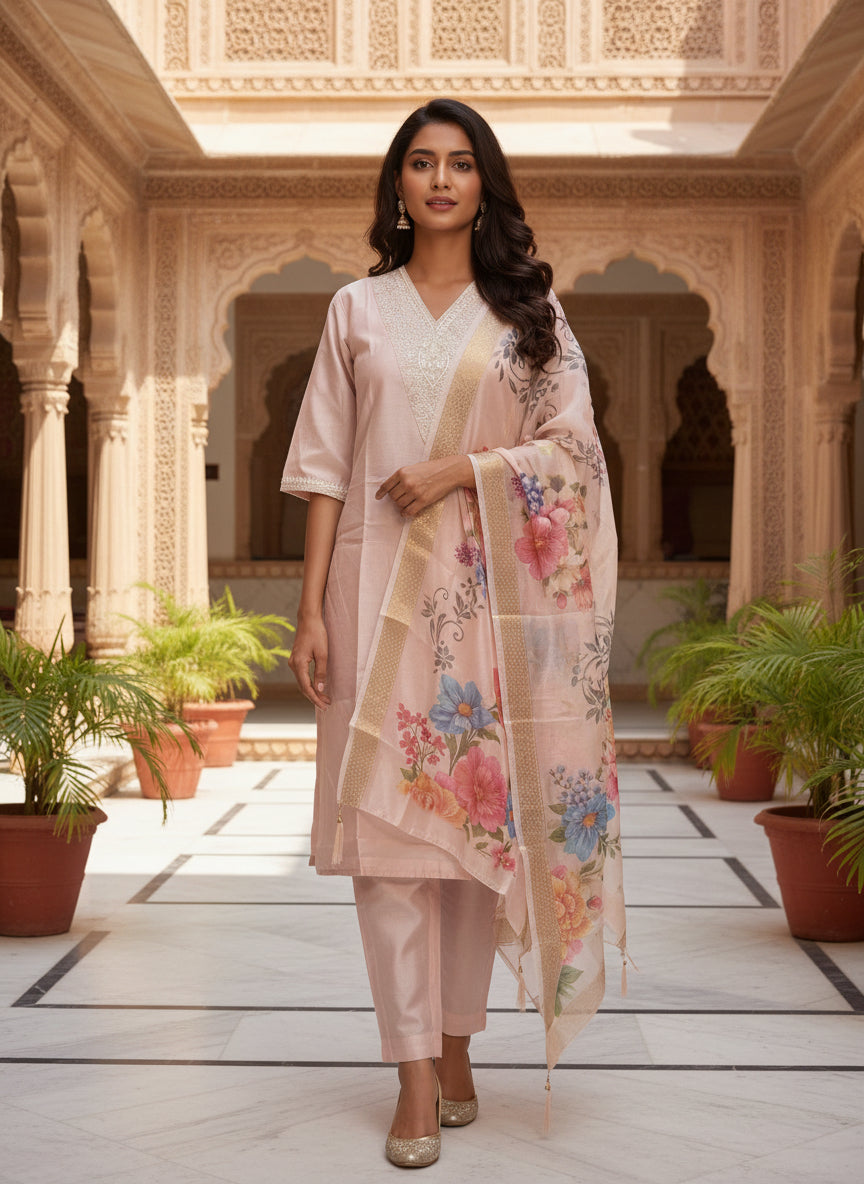 Roman Silk Floral Dupatta Set With Dupatta