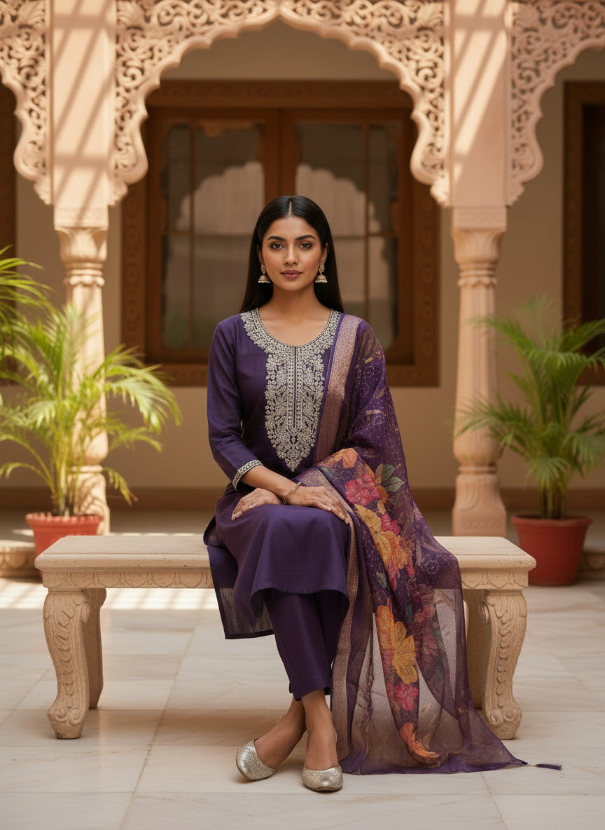 Embroidered Roman Silk Salwar Suit With Dupatta