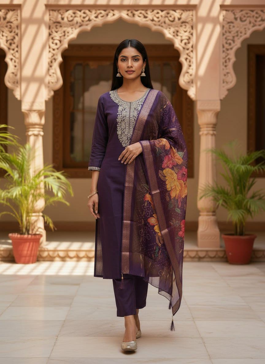 Embroidered Roman Silk Salwar Suit With Dupatta