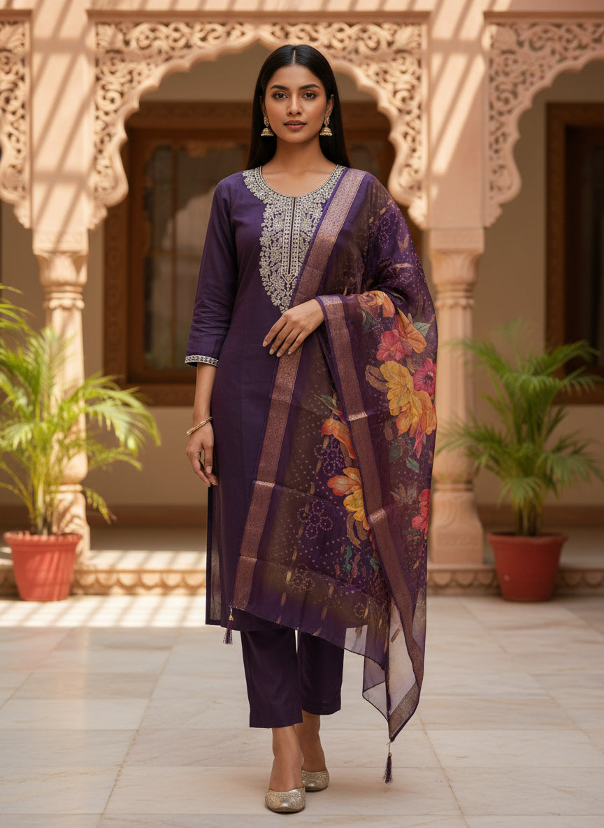 Embroidered Roman Silk Salwar Suit With Dupatta