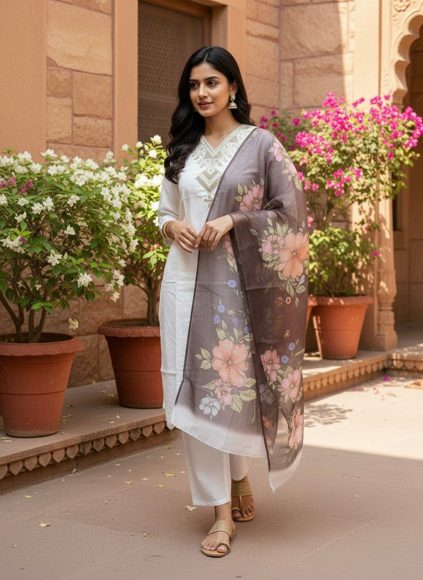 Elegant White Embroidered Kurta Set With Dupatta