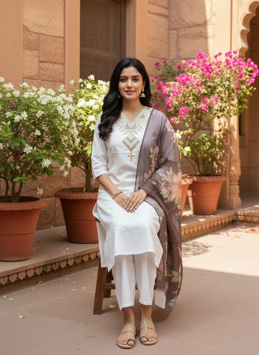 Elegant White Embroidered Kurta Set With Dupatta
