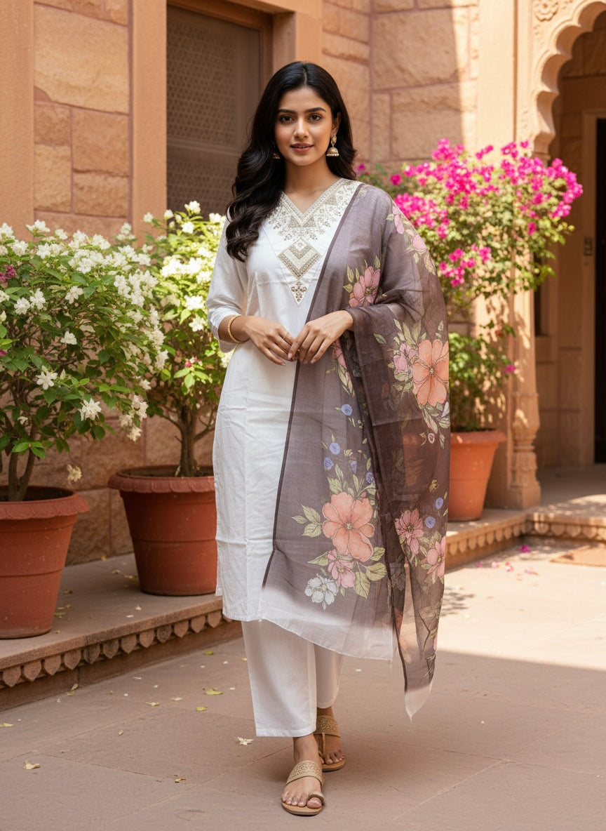 Elegant White Embroidered Kurta Set With Dupatta