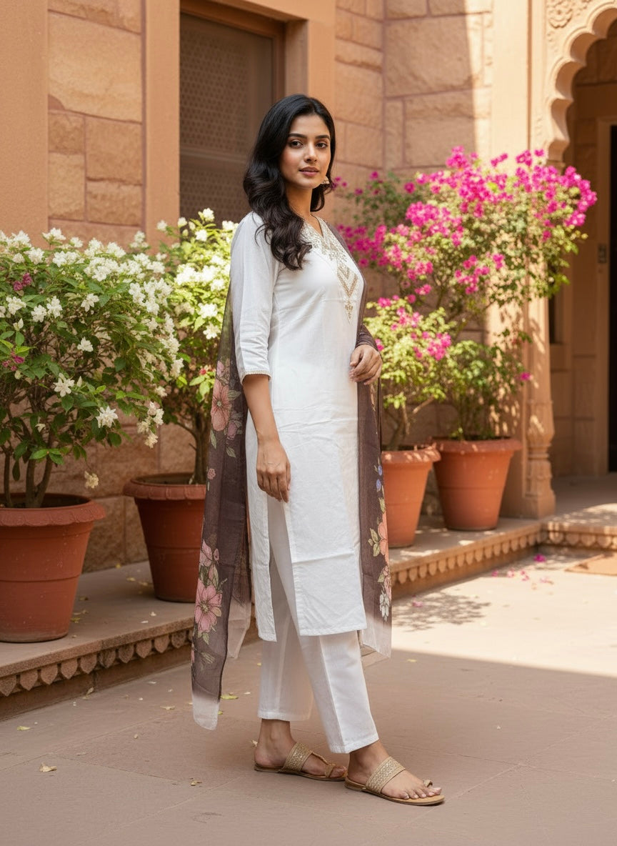 Elegant White Embroidered Kurta Set With Dupatta