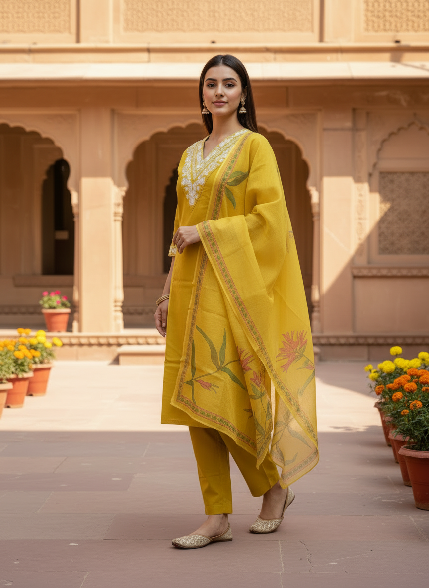 Mustard Yellow Embroidered Kurta Set With Dupatta