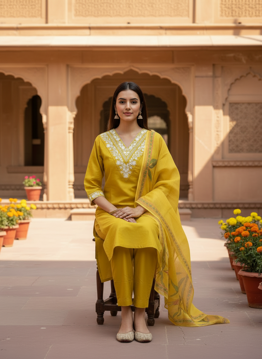 Mustard Yellow Embroidered Kurta Set With Dupatta